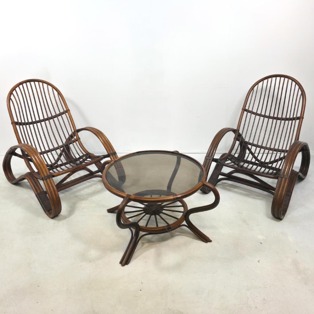 Tito Agnoli rotan set 2 stoelen tafel Italië 60s design, Ophalen, Twee, Bruin, Riet of Rotan
