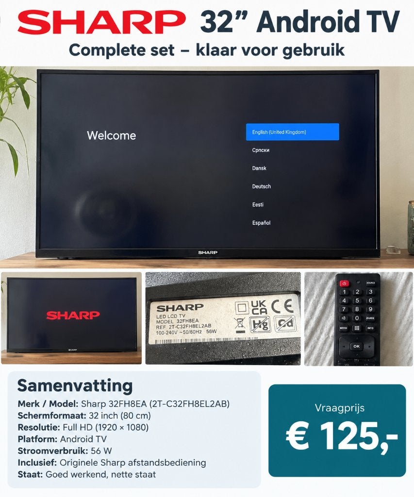 Sharp 32” Android TV – inclusief afstandsbediening, Ophalen, 50 Hz, LCD, Zo goed als nieuw