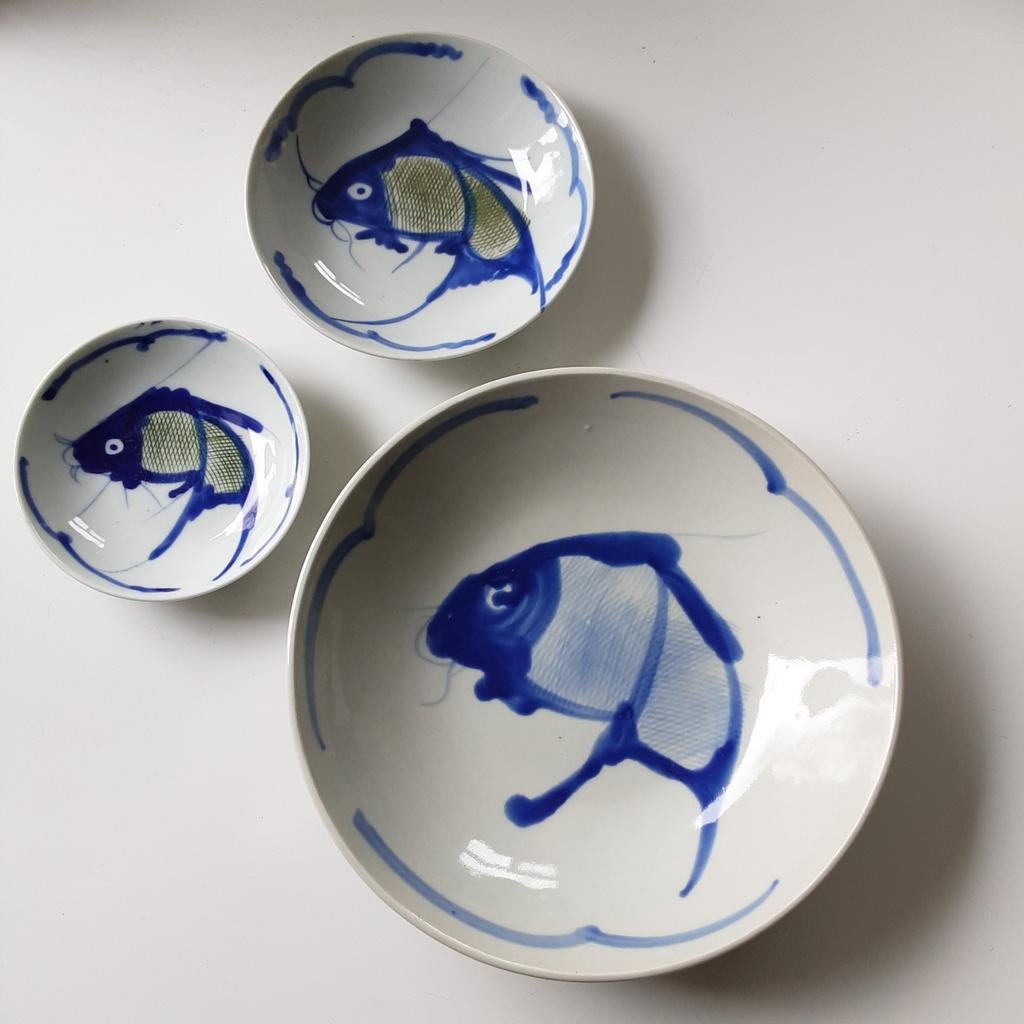 Chinese Koi karper vis schaal diep bord met schaaltjes 3 set, Gebruikt, Ophalen of Verzenden, Schaal of Schalen, Overige stijlen