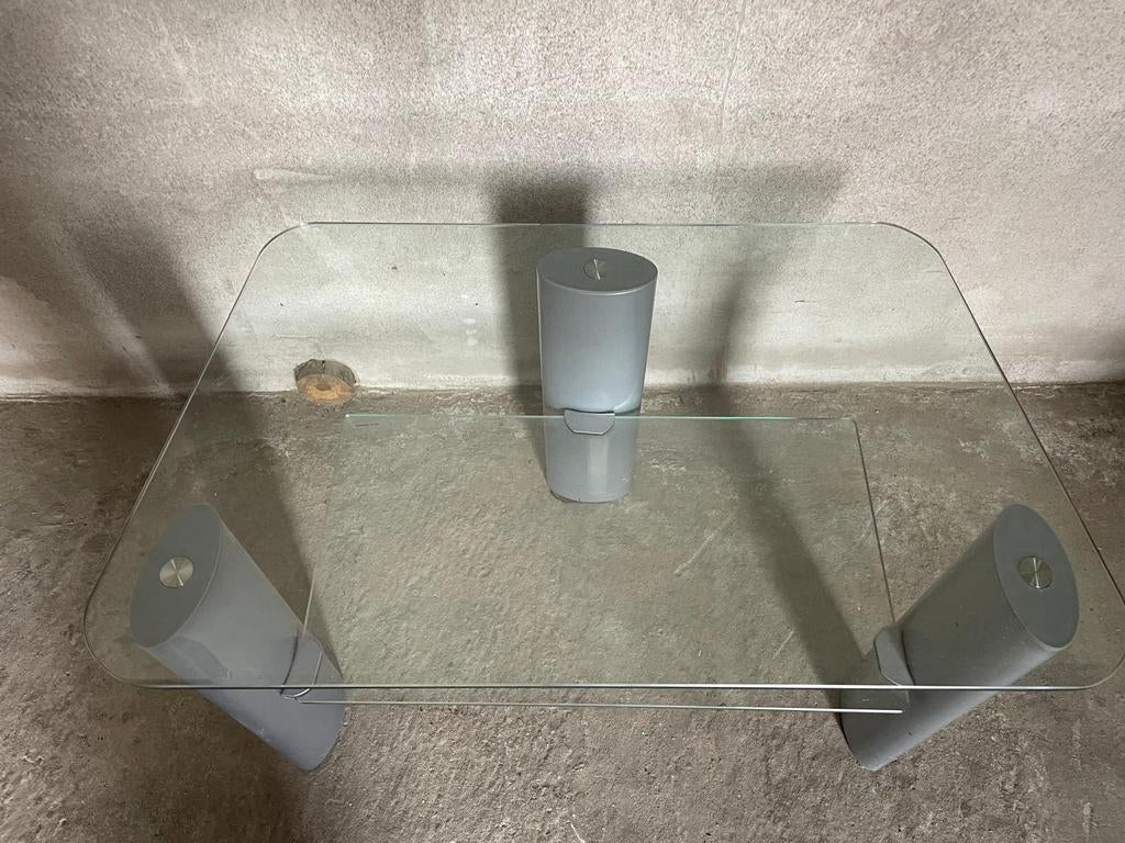 Glazen salontafel met metalen poten, Ophalen, Gebruikt, 100 tot 150 cm, 50 tot 100 cm