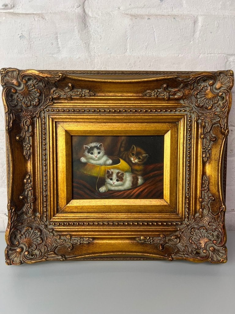 Olieverf Schilderij met 3 kittens, Antiek en Kunst, Kunst | Schilderijen | Klassiek, Ophalen, Ingelijst, Doek, Realistisch