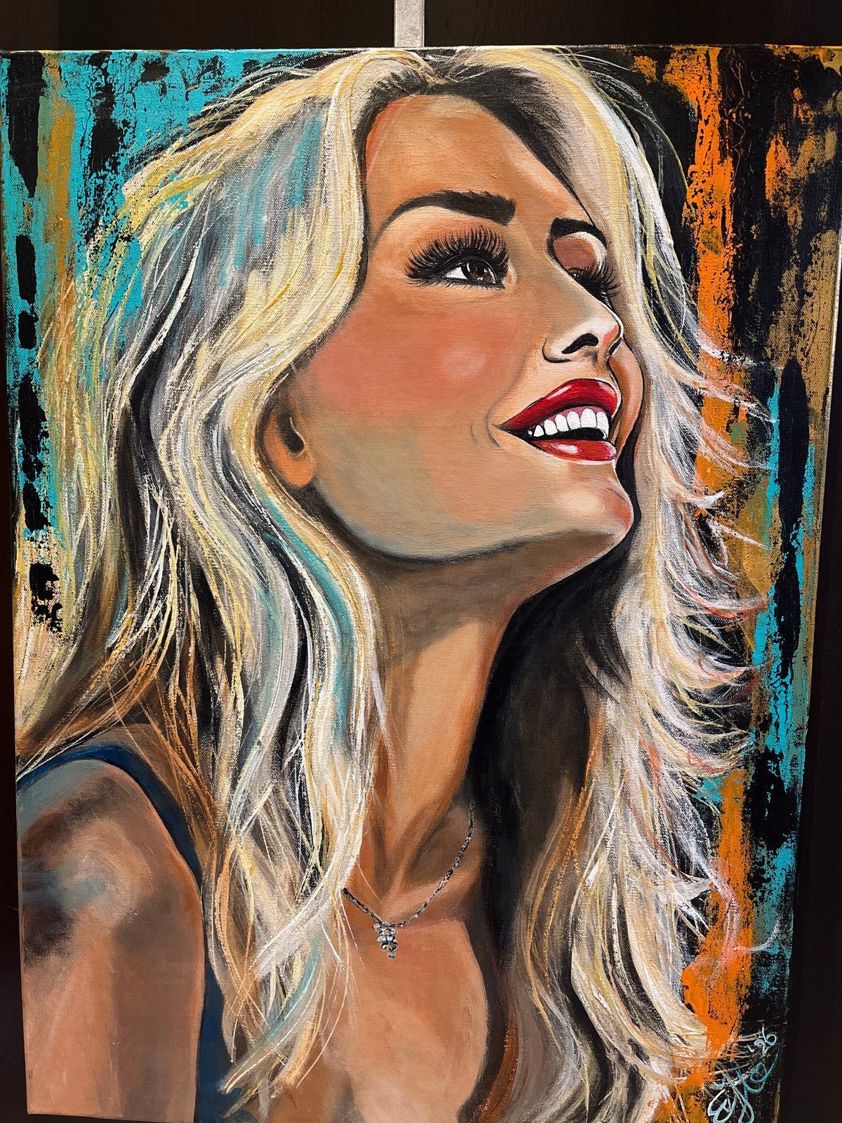 Vrolijk portret van een blonde vrouw - Acryl op canvas, Acrylverf, Handgeschilderd, Ophalen of Verzenden, Portret