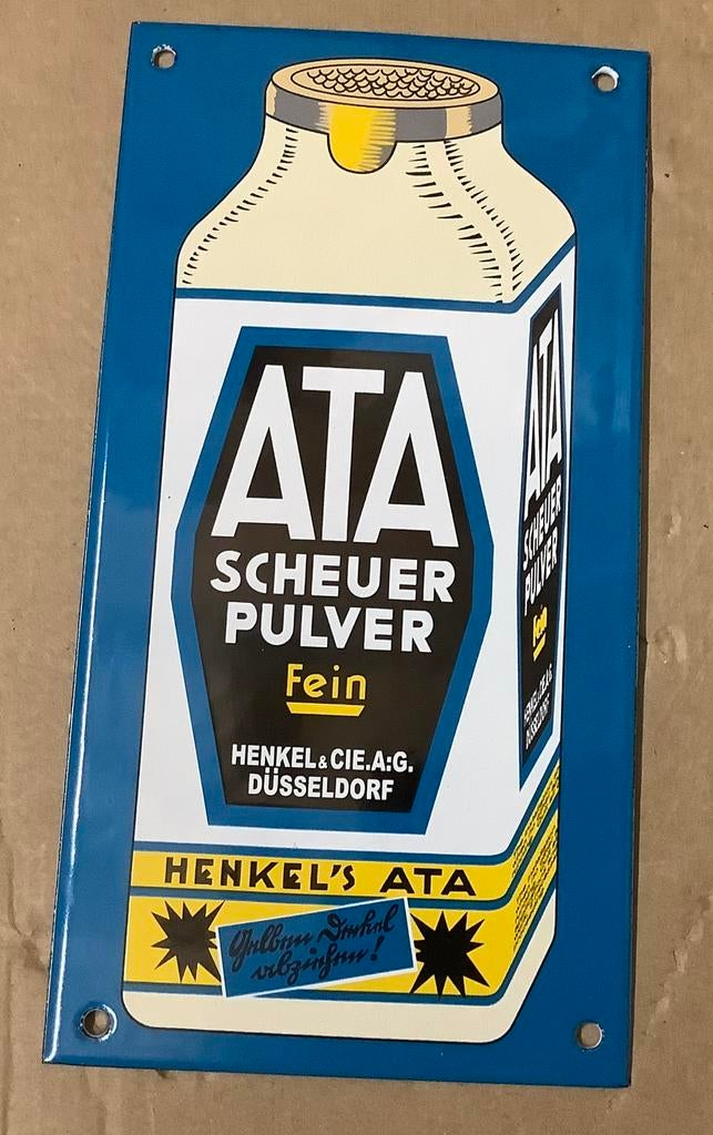 Emaille  deurpostje ATA  schuurmiddel Henkel, Verzamelen, Ophalen of Verzenden, Gebruikt, Reclamebord