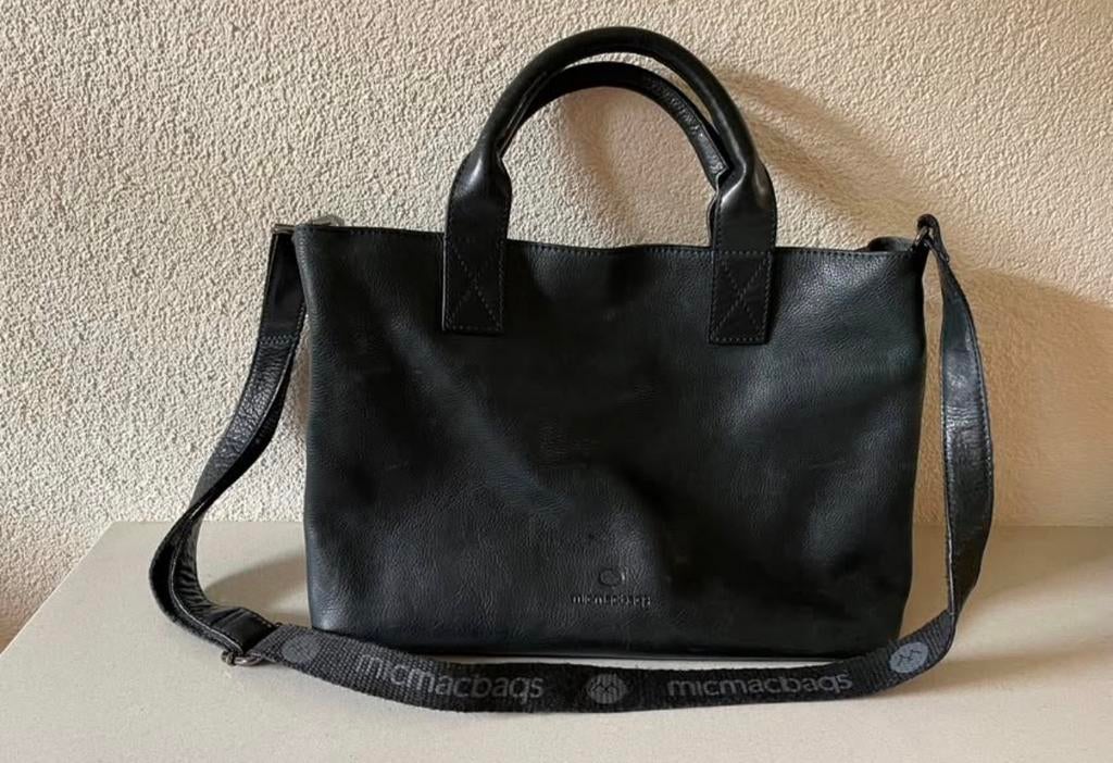 Te koop leer donker blauwe schouder tas. Merk Micmac 36x36., Ophalen, Zo goed als nieuw, Bruin, Schoudertasje