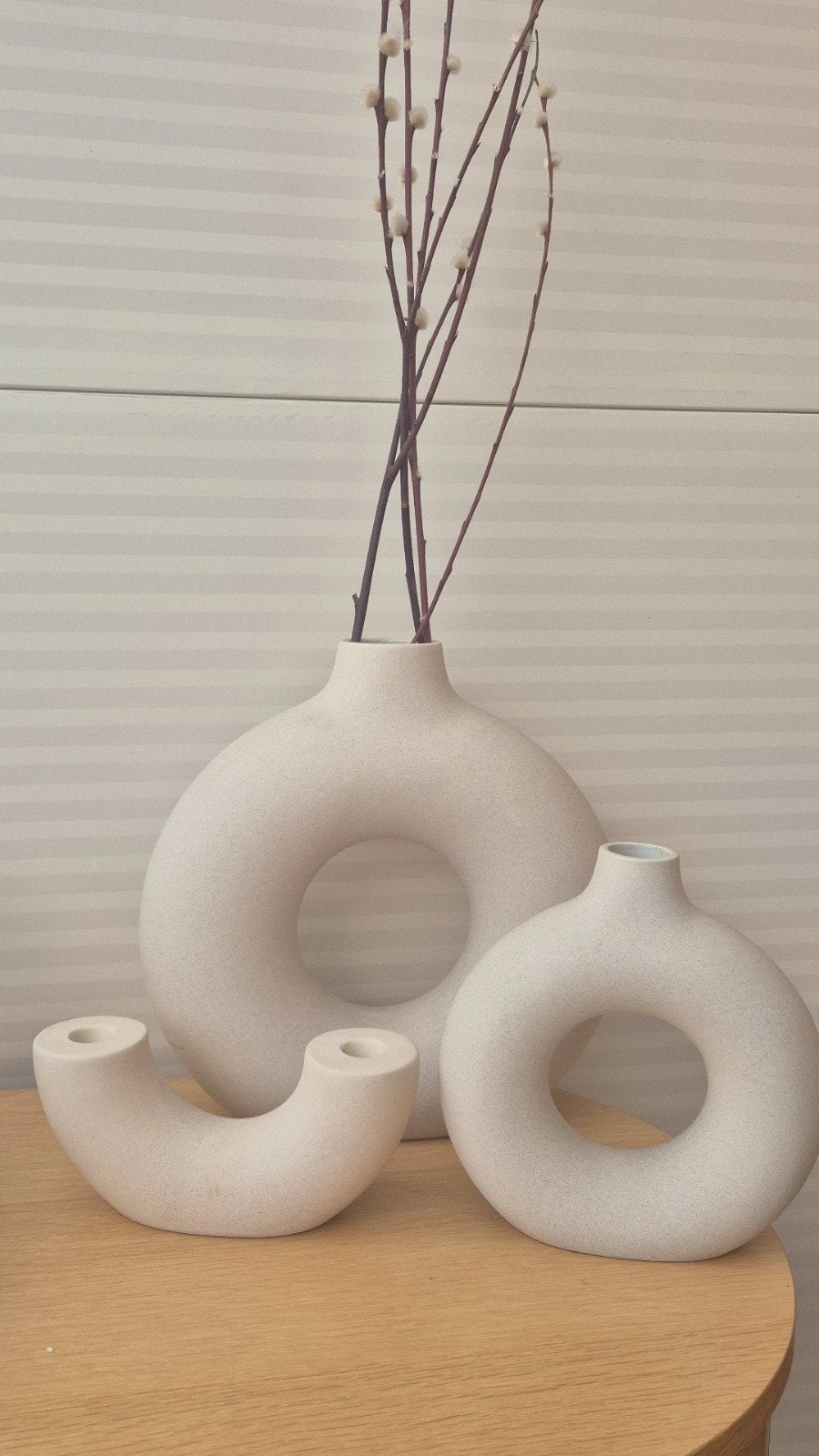 Set van 3 beige donut vazen en kandelaar, Ophalen, Met patroon/structuur, Beige, Zo goed als nieuw