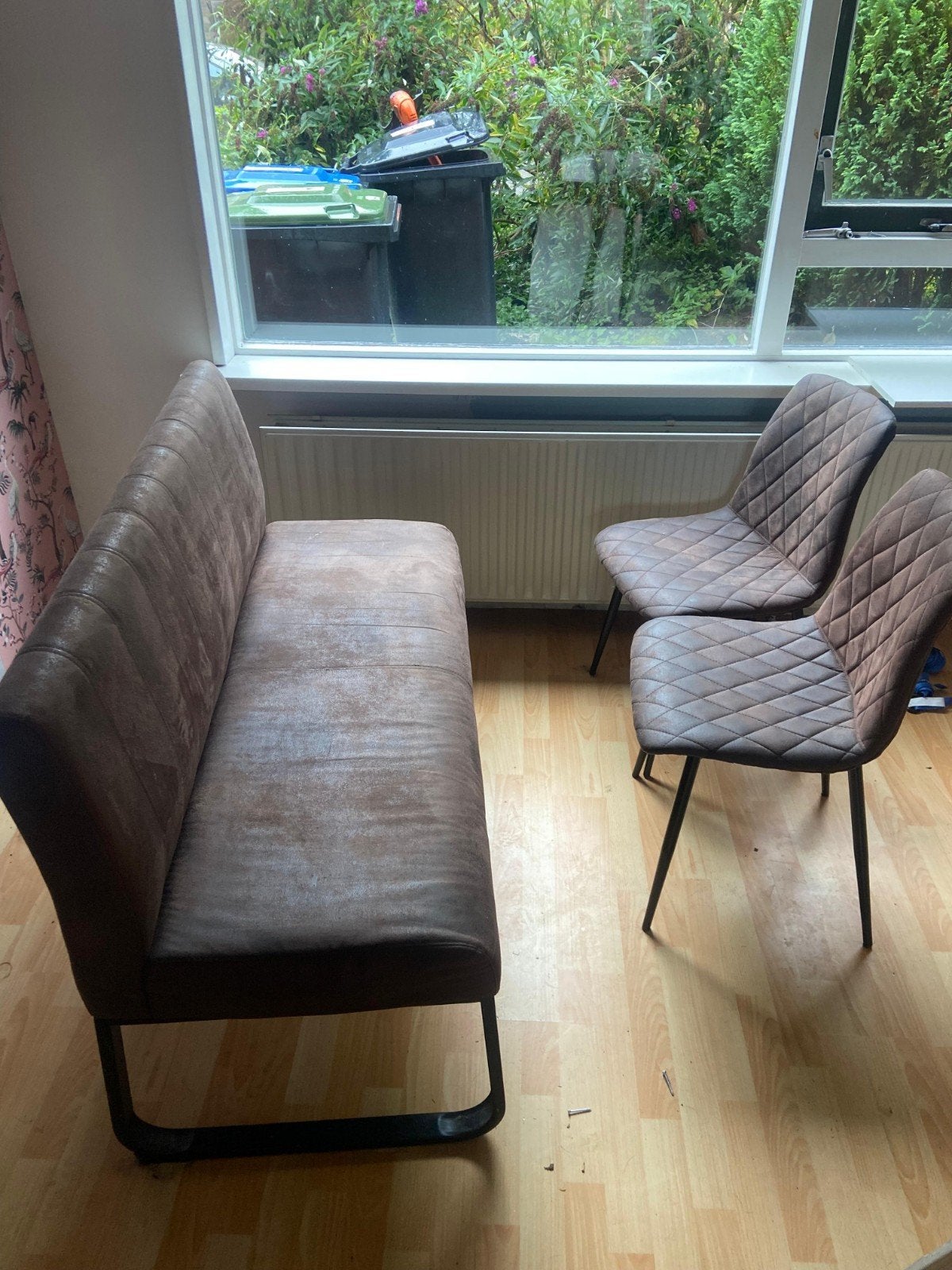 Eetbank met 2 eetkamerstoelen - Bruin diamant patroon, Ophalen, Gebruikt, Twee, Bruin