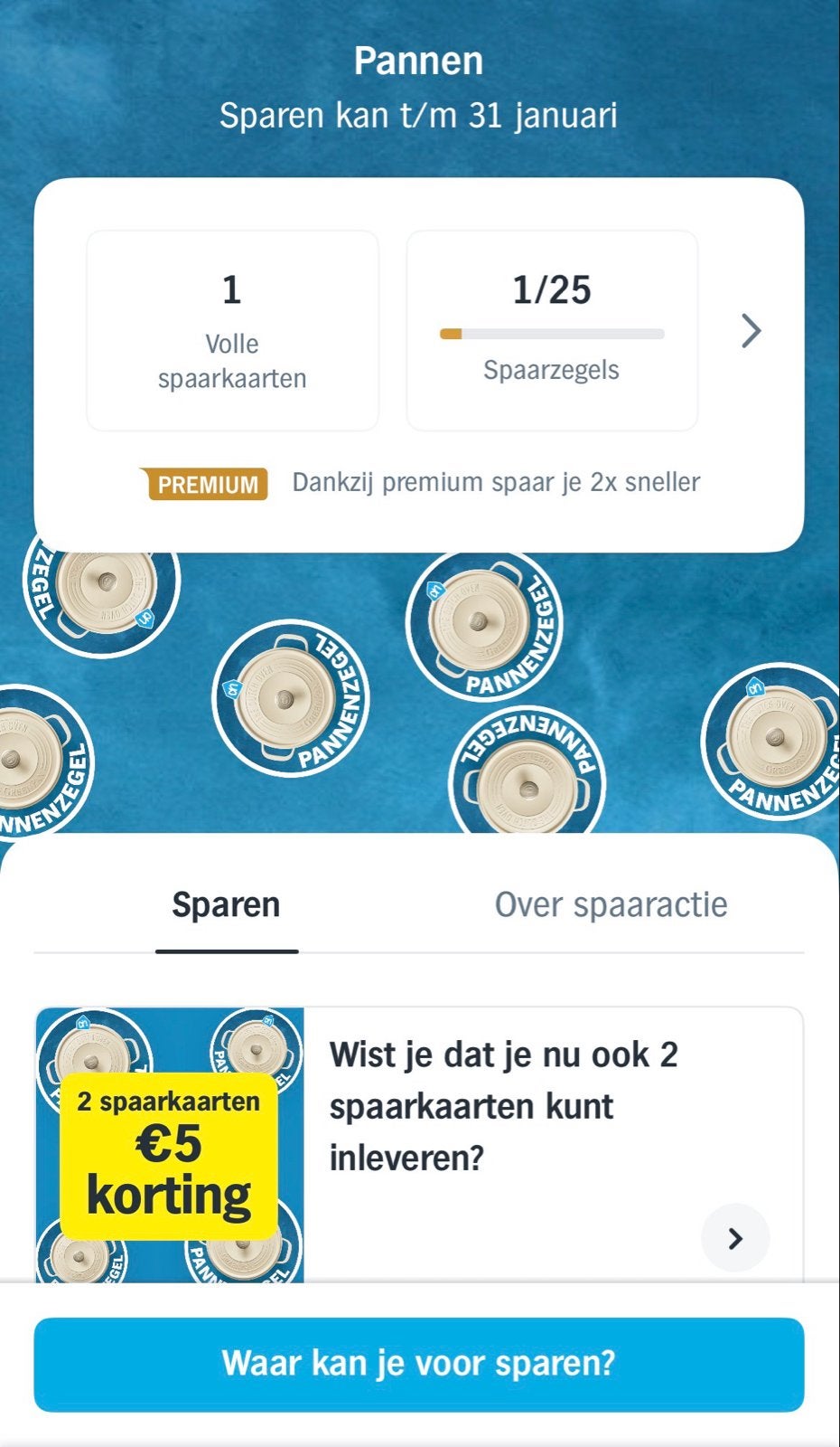 1Volle spaarkaart AH pannenzegels, Ophalen of Verzenden, Winkel, Super of Benzinepomp, Volle spaarkaart