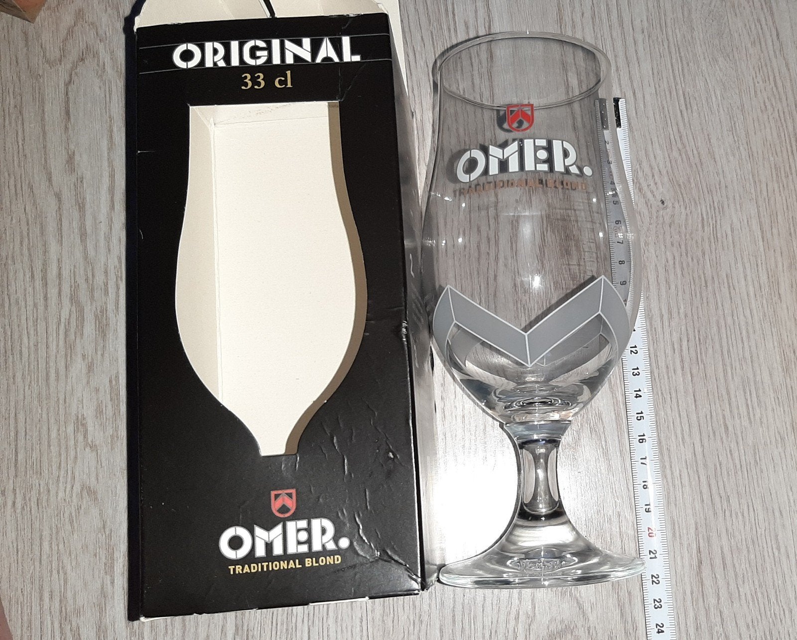 Omer Traditional Blond bierglas glas 33 cl in originele doos, Ophalen, Glas of Glazen, Overige merken, Glas