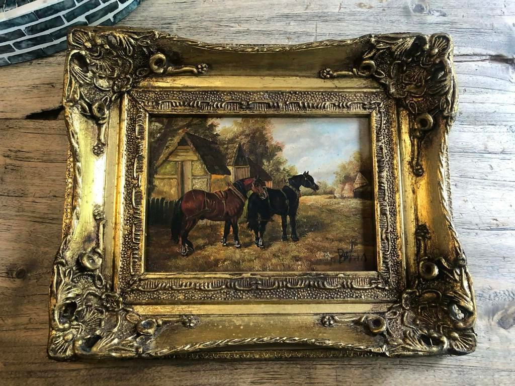 Schilderij met paarden in gouden lijst, Antiek en Kunst, Kunst | Schilderijen | Klassiek, Ophalen