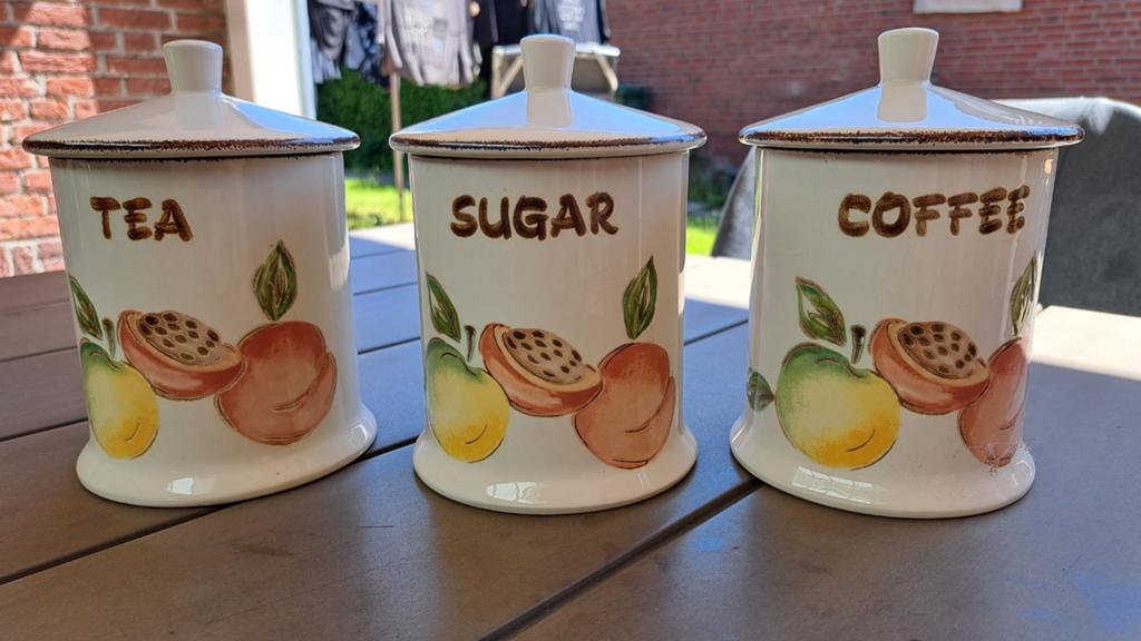 Set van 3 voorraadpotten: Thee, Suiker, Koffie, Gebruikt, Ophalen of Verzenden, Voorraadpot, Steen/keramiek