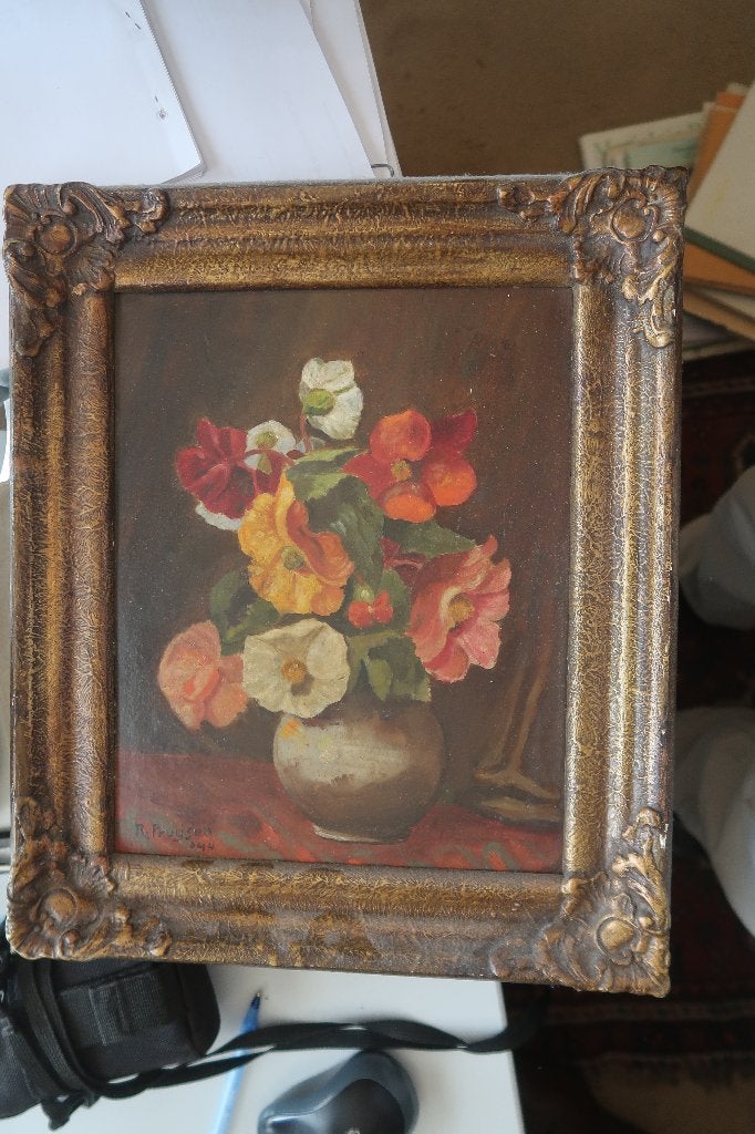 bloemenschilderij van R.Pruijsen,afm.33x38 cm, Ophalen of Verzenden, Bloemen, Paneel