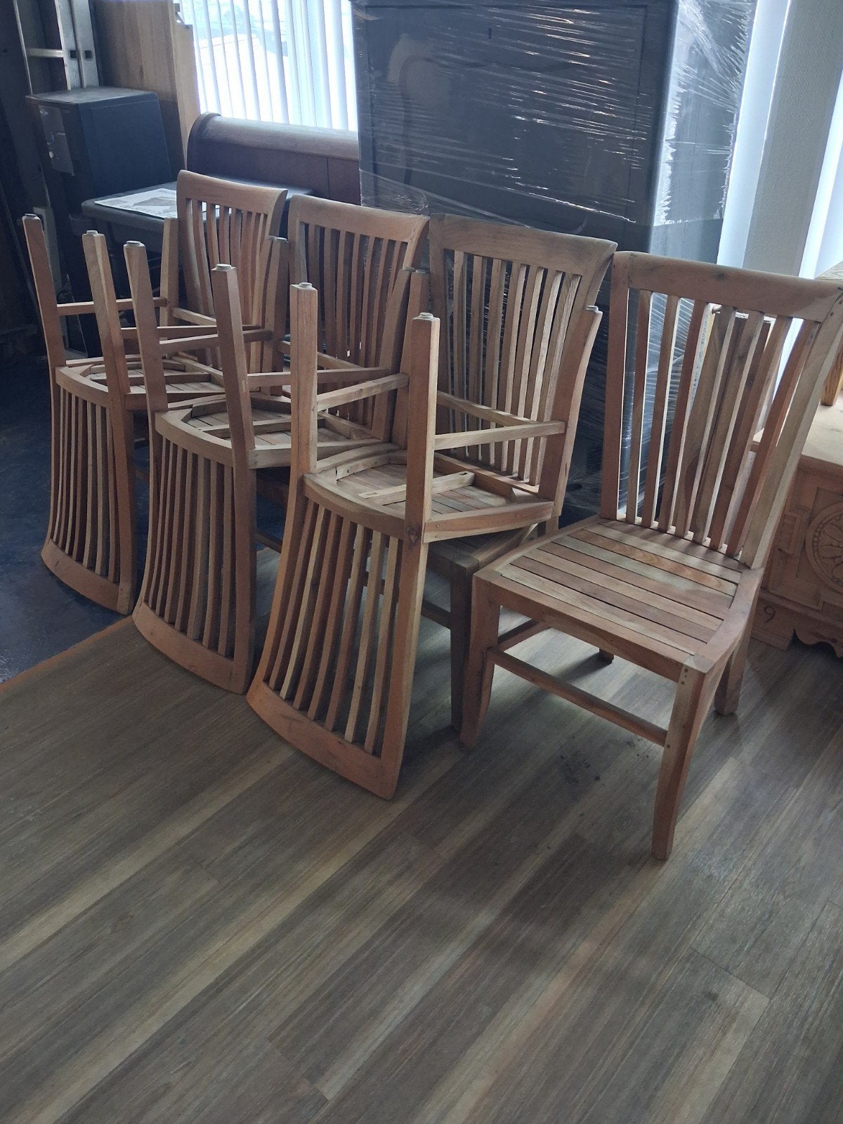 Gezandstraalde Teakhouten Stoelen - Set van 7, Gebruikt, Overige kleuren, Rustiek, Modern, Teak, Ophalen of Verzenden