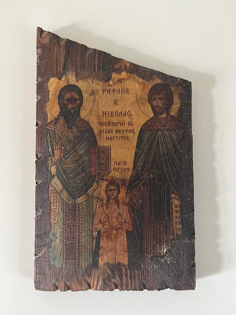 Grieks byzantijns icoon op ruw hout Rafael Nikolas Irini, Ophalen of Verzenden