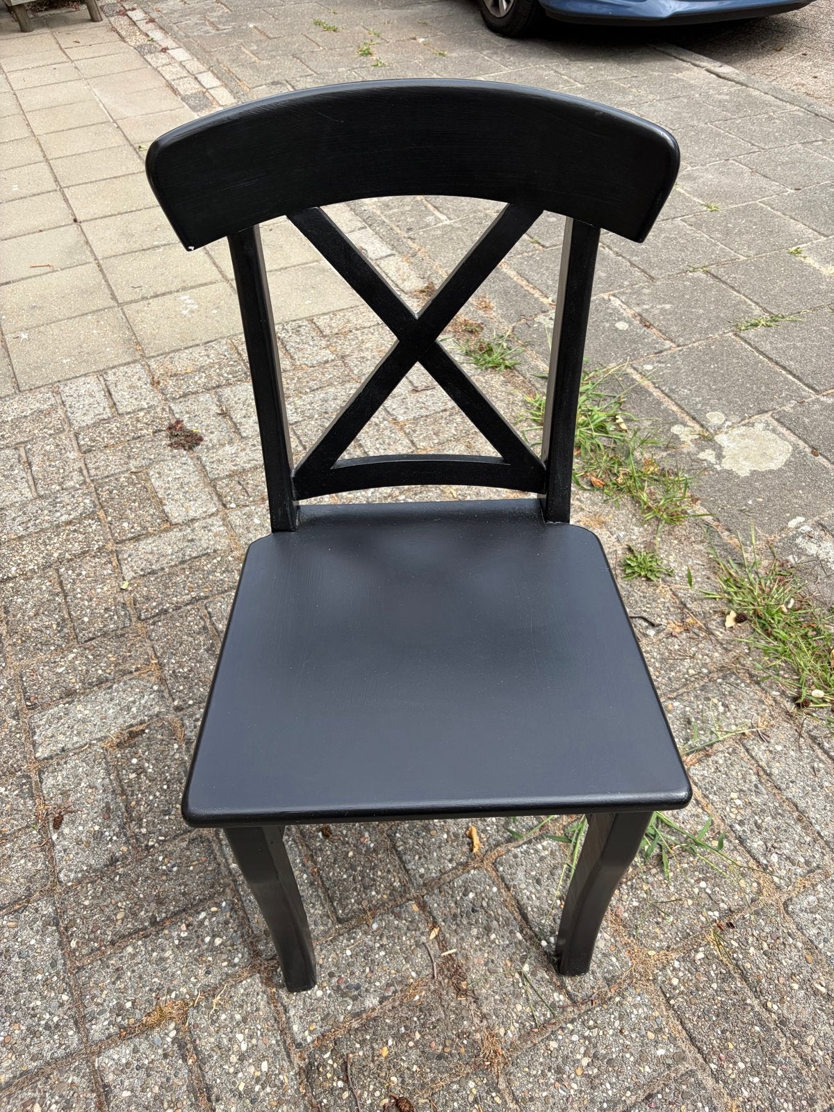4 Zwarte Houten Stoelen met Zitkussentjes, Ophalen, Gebruikt, Zwart, Vier