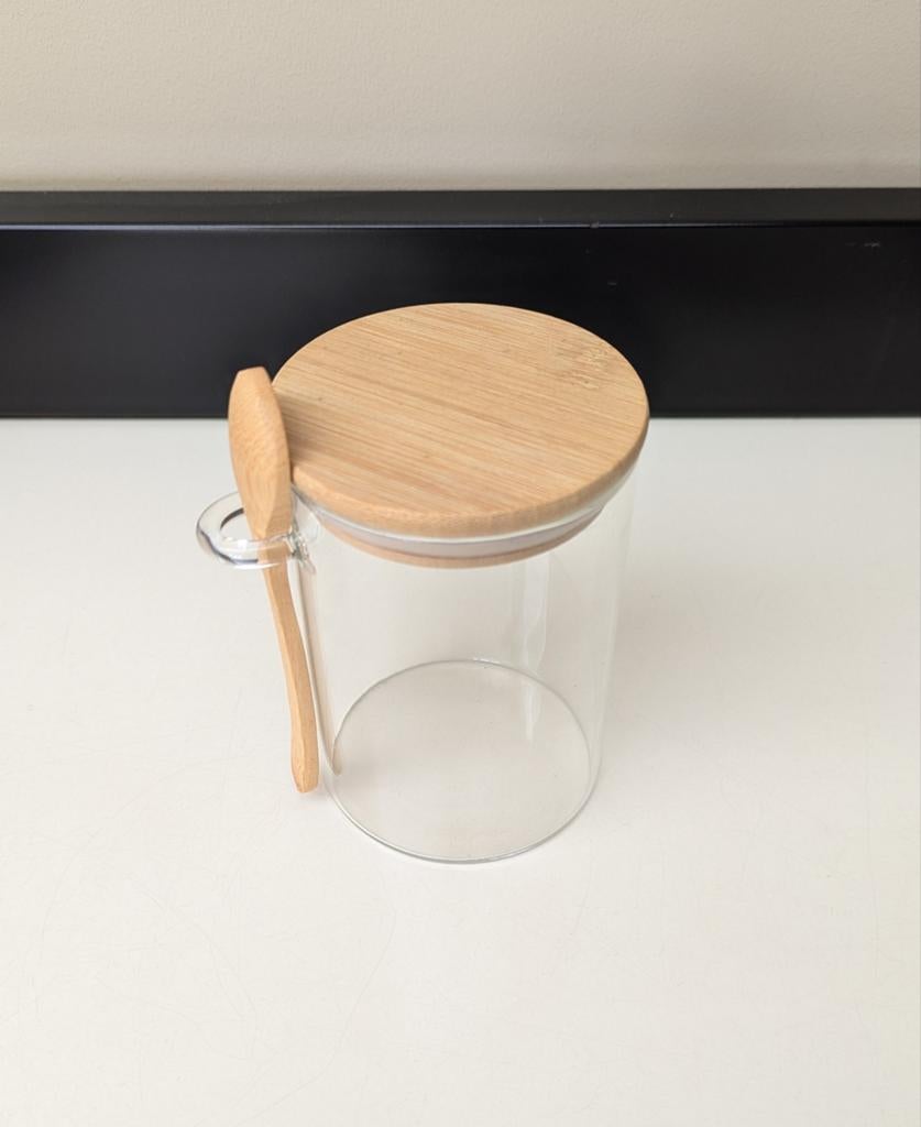 Glazen suikerpot met houten deksel - ongebruikt, Voorraadpot, Ophalen of Verzenden, Nieuw, Glas
