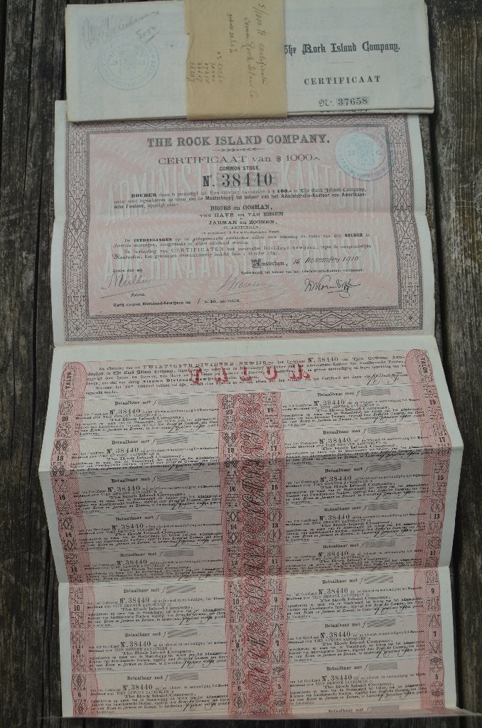 5 Certificaten Rock Island Co. 1910, Ophalen of Verzenden, Voor 1920, Aandeel