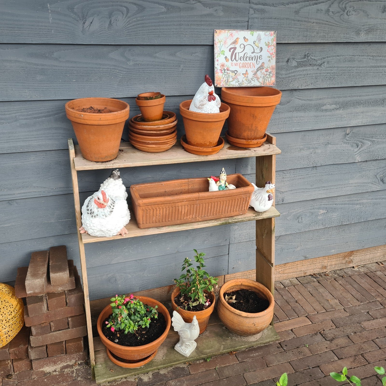 Terracotta potten en schotels (9 potten, 10 schotels), Tuin en Terras, Bloembakken en Plantenbakken, Ophalen, Steen, Gebruikt