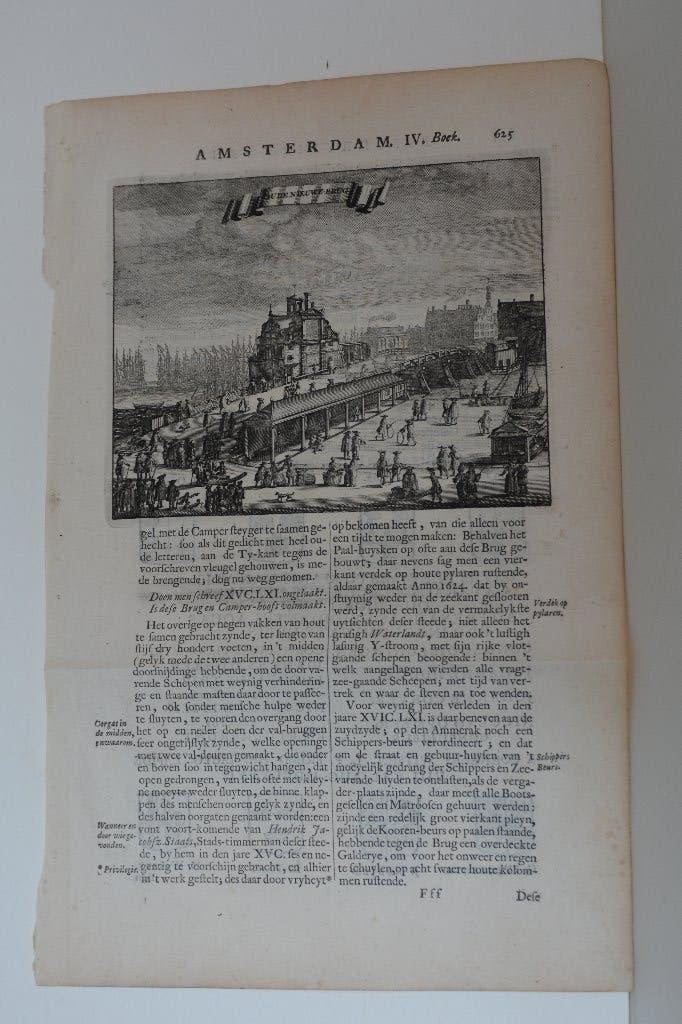 AMSTERDAM GRAVURE NIEUWE BRUG DAMRAK IJ-ZIJDE P. H. KADE GH3, Antiek en Kunst, Verzenden, Stadsgezicht, 1600 - 1699, Gravure