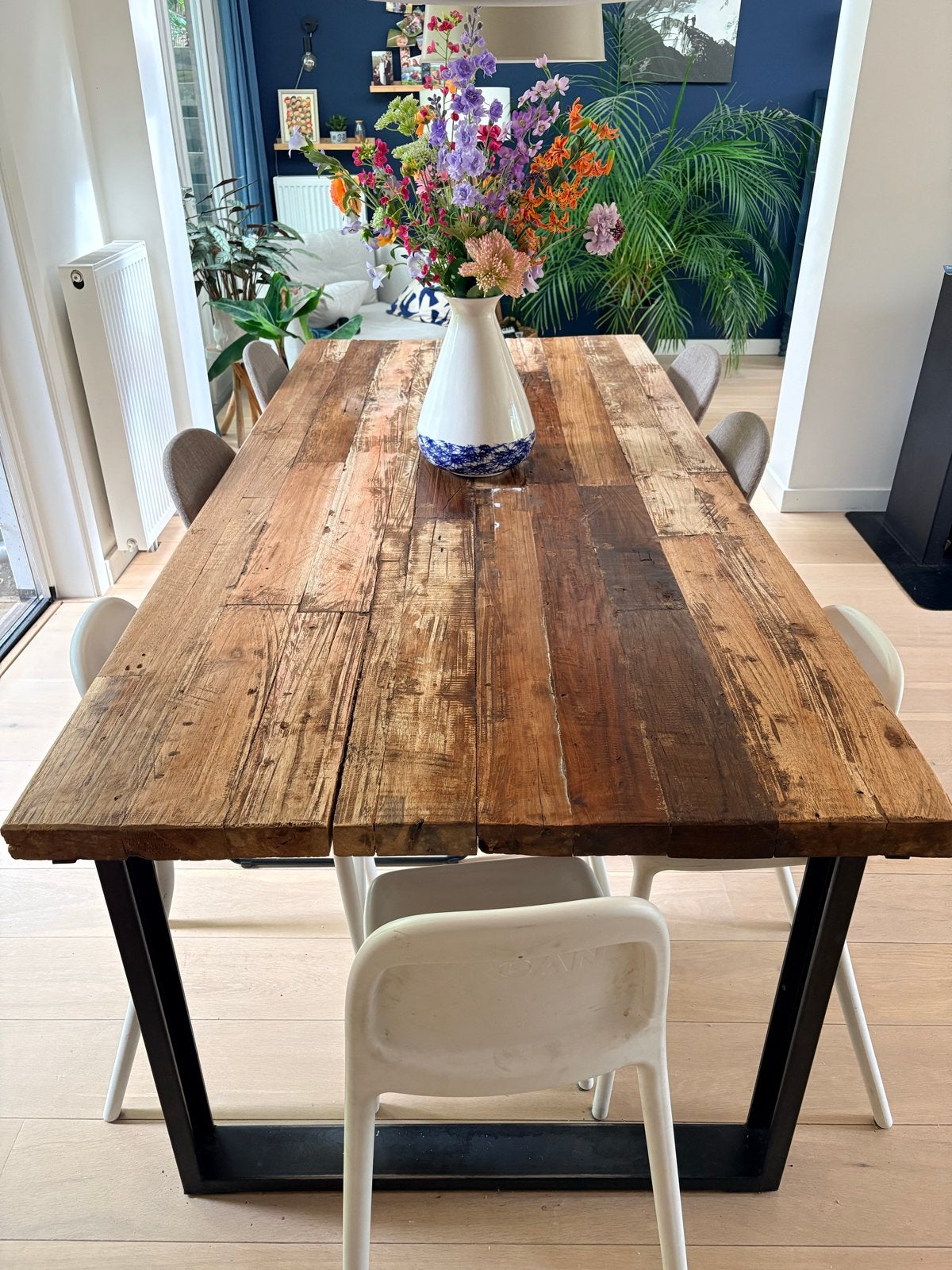 Robuuste houten eettafel 220x100 cm, Ophalen, Gebruikt, 100 tot 150 cm, 200 cm of meer
