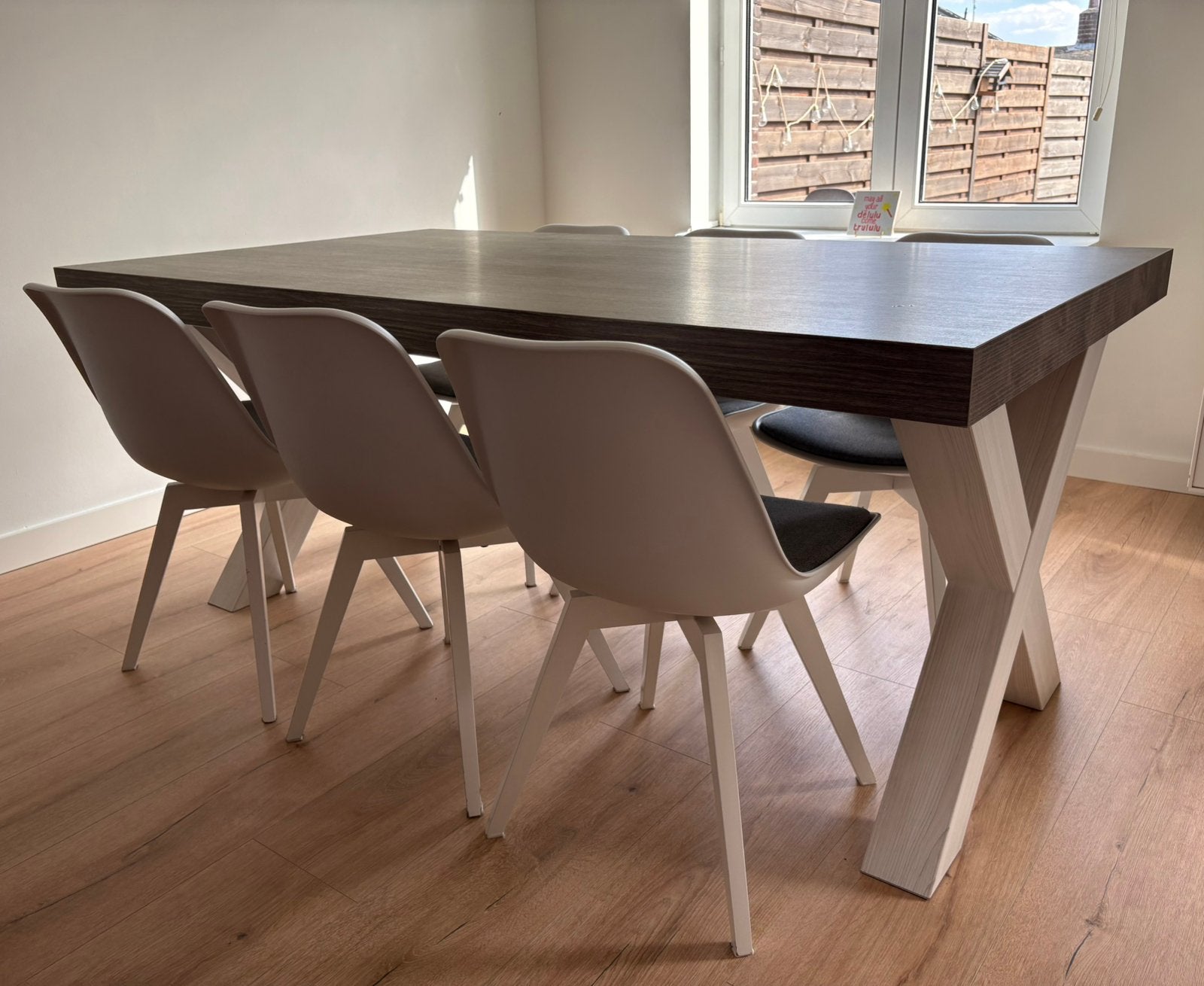 Complete eethoek - tafel en 6 stoelen, Ophalen, Gebruikt, 100 tot 150 cm, Vijf personen of meer