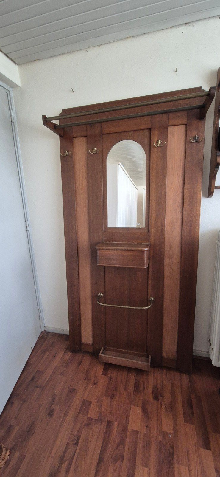 Vintage houten kapstok met spiegel en opbergvak, Ophalen of Verzenden