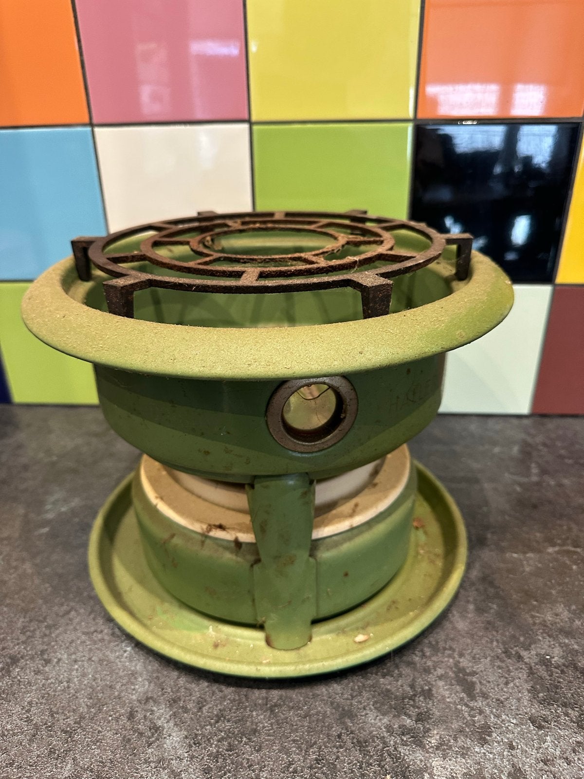MOET WEG: Barnfind! Vintage petroleum kooktoestel - Groen, Antiek en Kunst, Ophalen of Verzenden