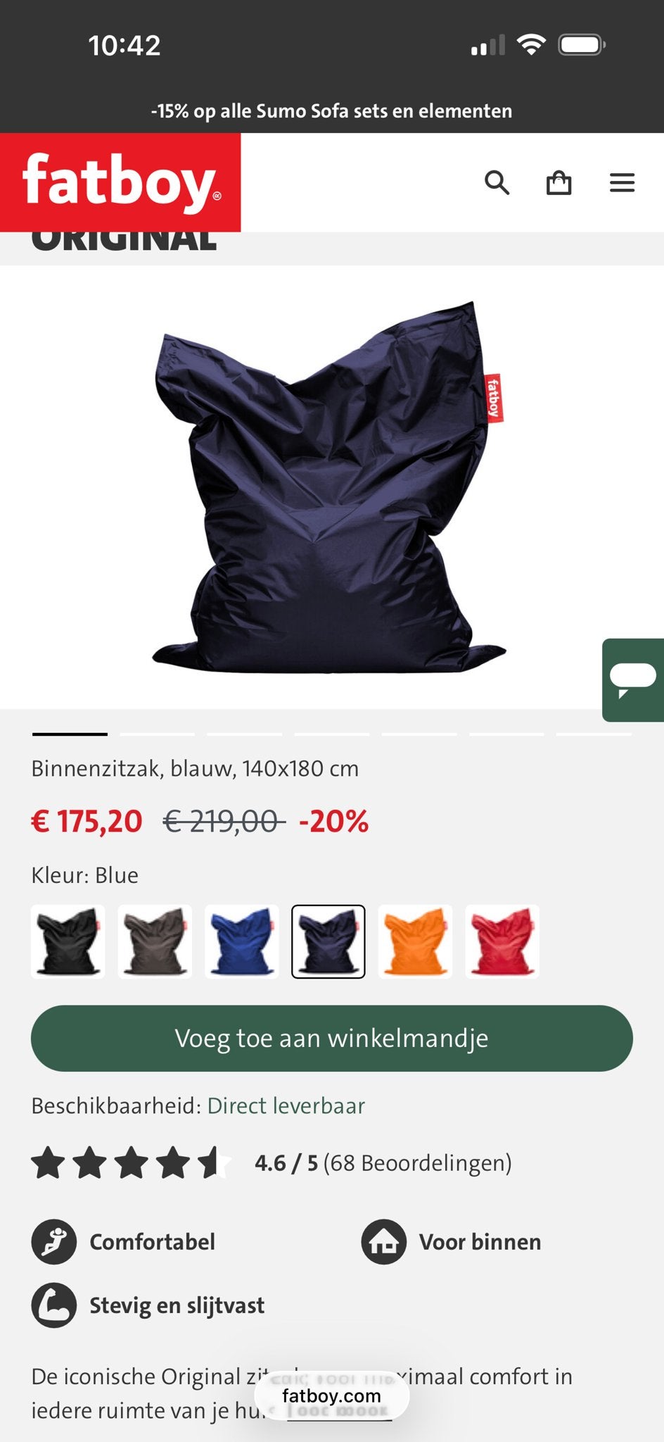 Grote Fatboy zitzak - Binnen en buiten - Blauw, Huis en Inrichting, Ophalen, Zo goed als nieuw, Blauw, Zitzak