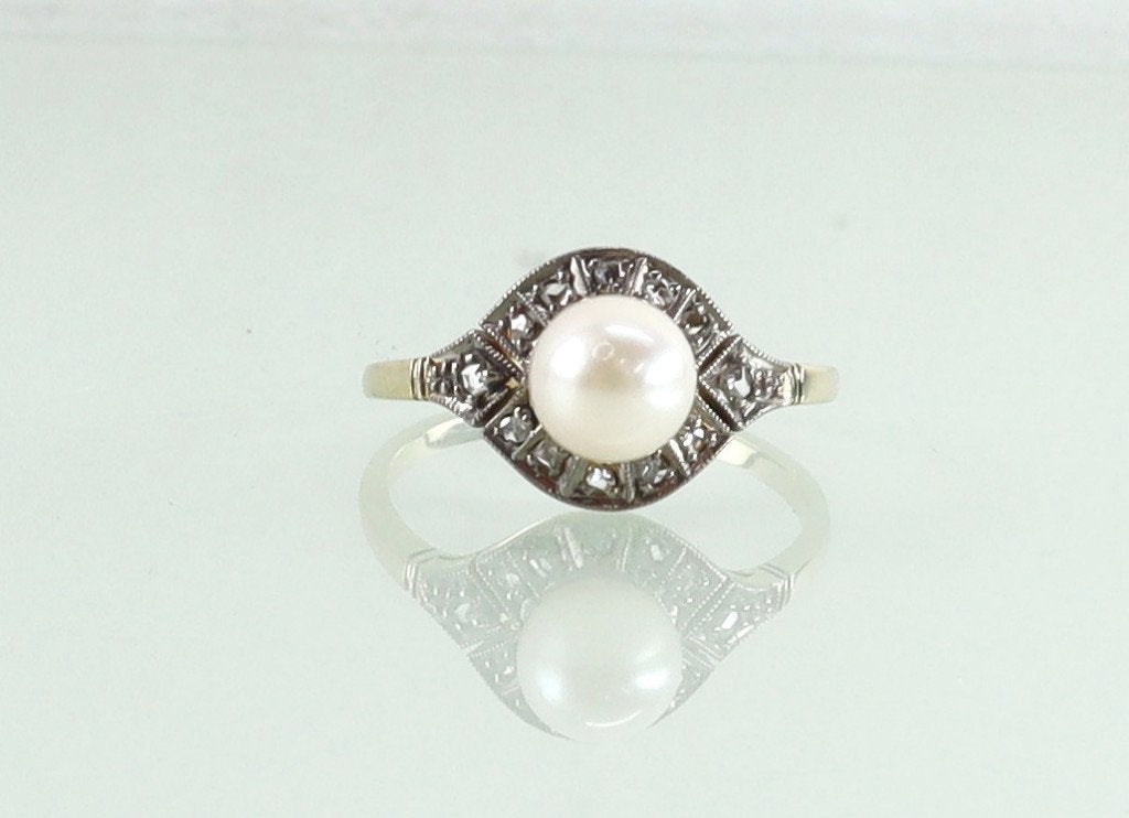 Art Deco gouden ring diamanten parel ca. 1920, Ophalen of Verzenden, Goud, Ring, Met edelsteen