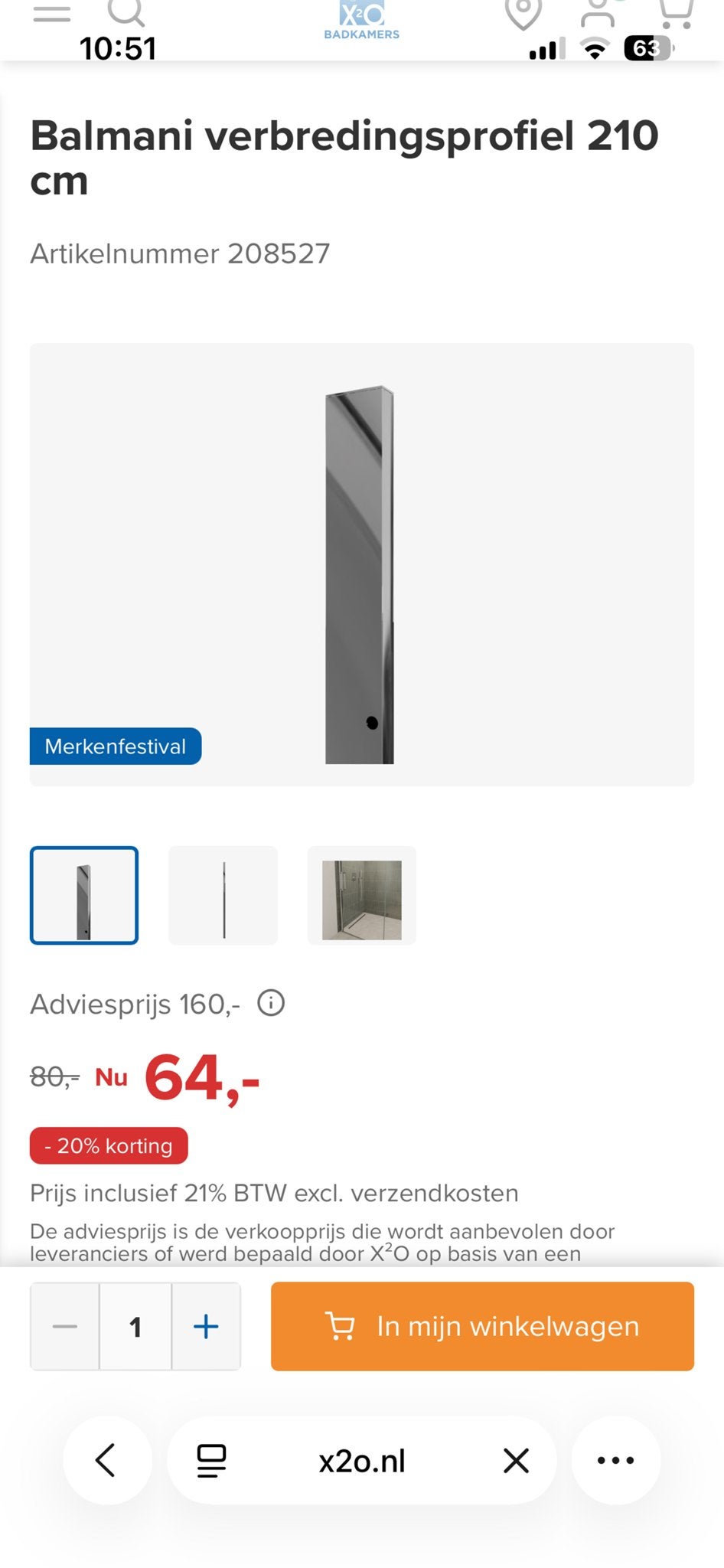 Balmani Verbredingsprofiel 210 cm nieuw in verpakking, Ophalen, Nieuw, Chroom, Douche
