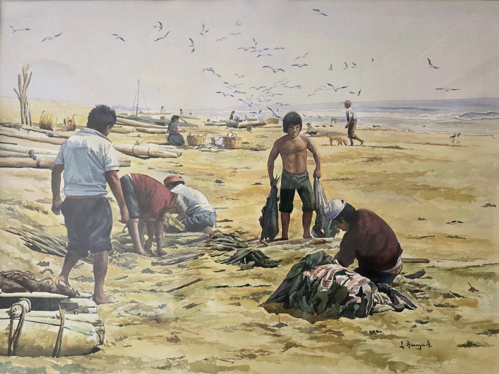 INDONESIË SCHILDERIJ. zee kunst schepen boten woon deco bali, Ophalen, Origineel werk, Aquarel