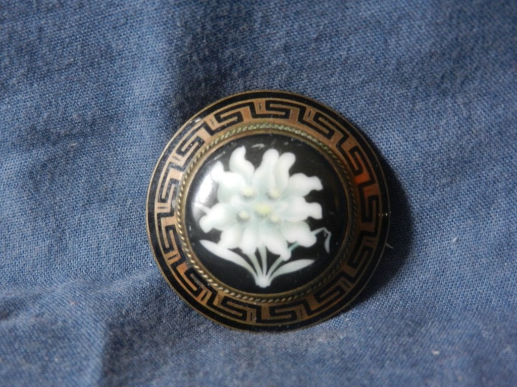 Ronde broche Victoriaans met Edelweiss op porselein ca 1880, Ophalen of Verzenden, Overige materialen, Broche