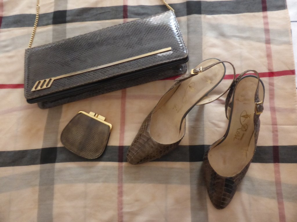 Vintage Slangenleer: Tas, Beursje & Schoenen maat 38  j '80, Kleding | Dames, Bruin, Ophalen of Verzenden, Schoenen met hoge hakken