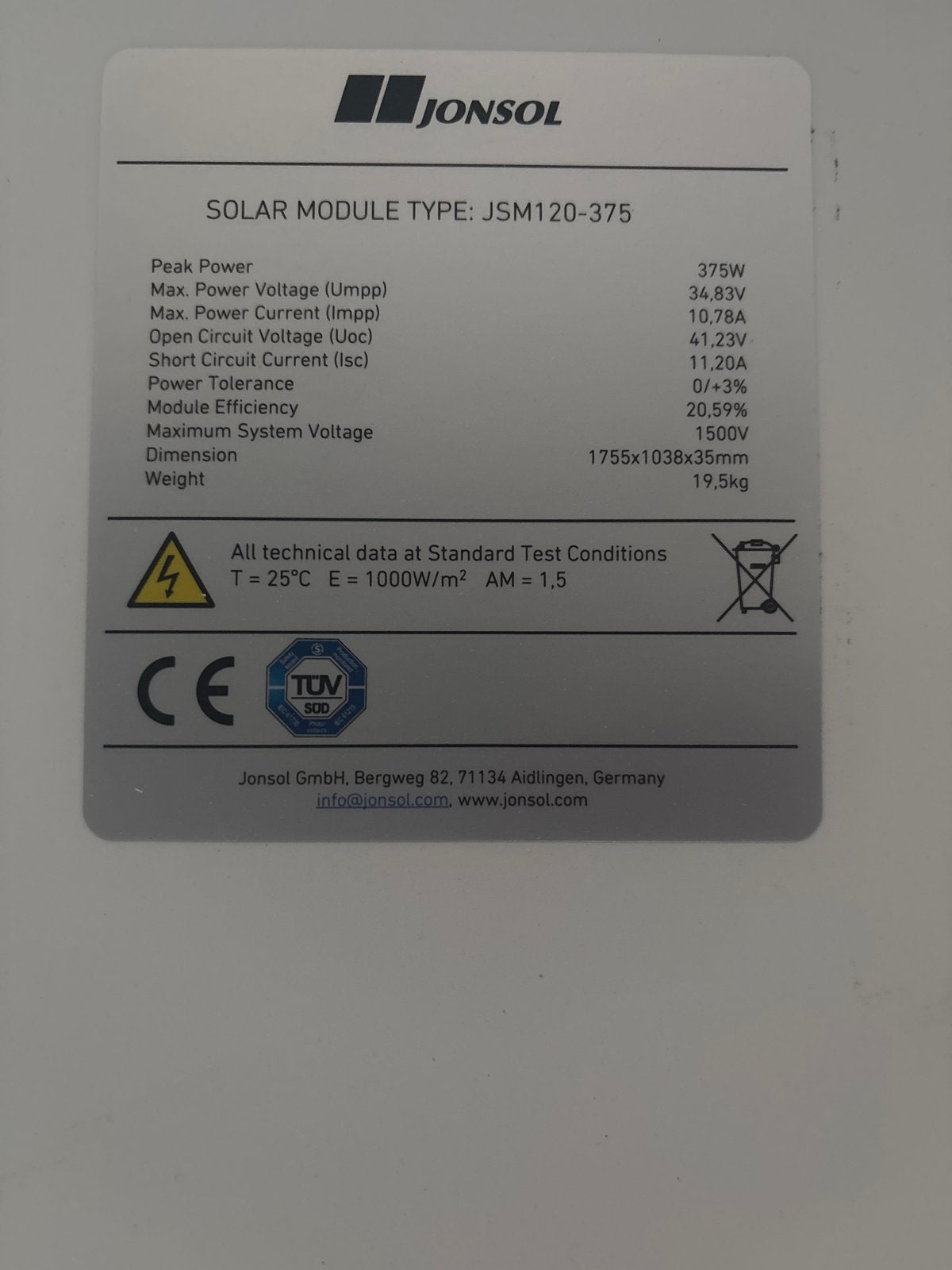 22 Jonsol zonnepanelen 375Wp - Afmeting 177x104 cm, Doe-het-zelf en Verbouw, Zonnepanelen en Toebehoren, Ophalen, Nieuw, Paneel