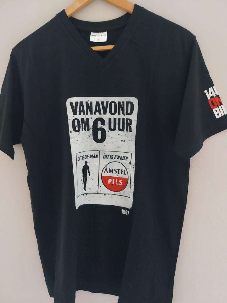 Amstel Bier T-shirt - Vintage Stijl "Vanavond om 6 uur", Maat 48/50 (M), Zwart, Nieuw, Amstel Bier