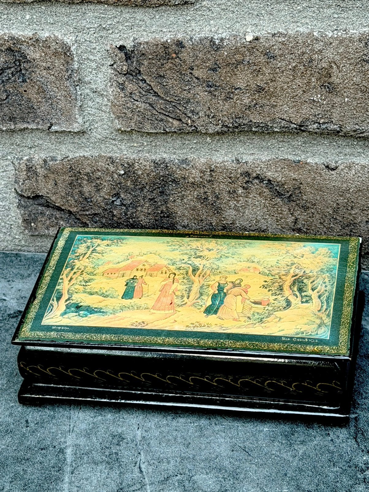 Russisch Lakdoosje Papier-mâche handgeschilderd O.N. Serov, Ophalen of Verzenden