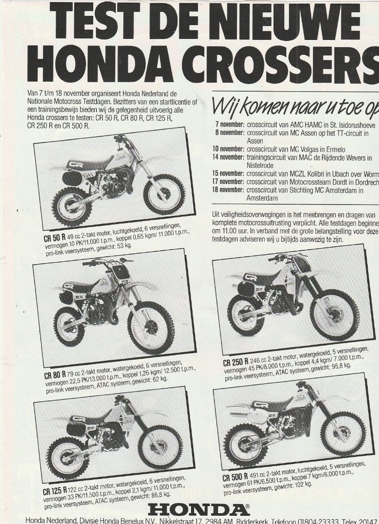 Retro reclame 1983 Honda crossers motocross CR80R 125R 50R, Verzenden, Overige typen