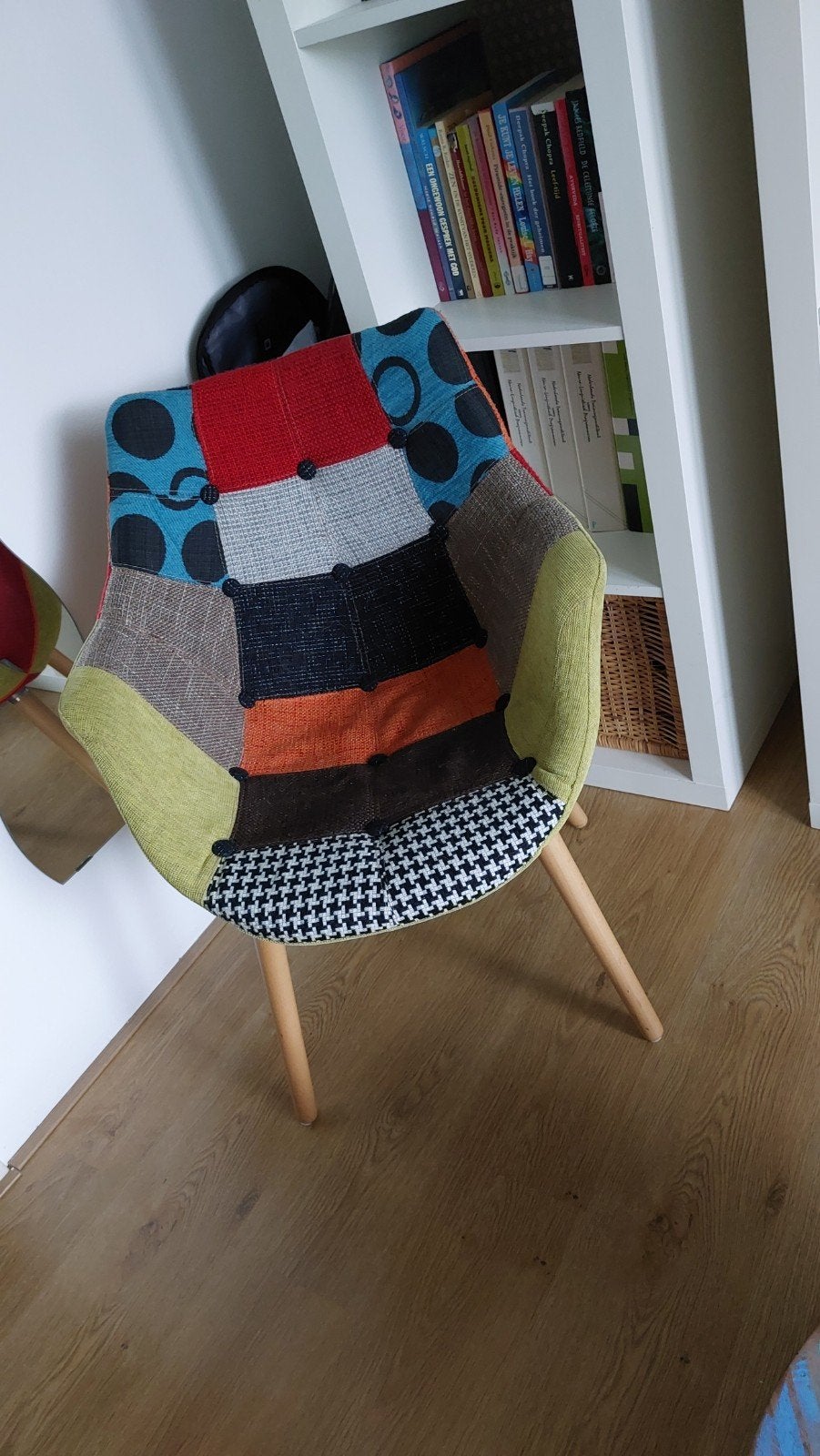 Sfeermaker stoel - Patchwork design - Multikleur, Huis en Inrichting, Stoelen, Gebruikt, Eén, Hout, Stof, Overige kleuren, Ophalen of Verzenden