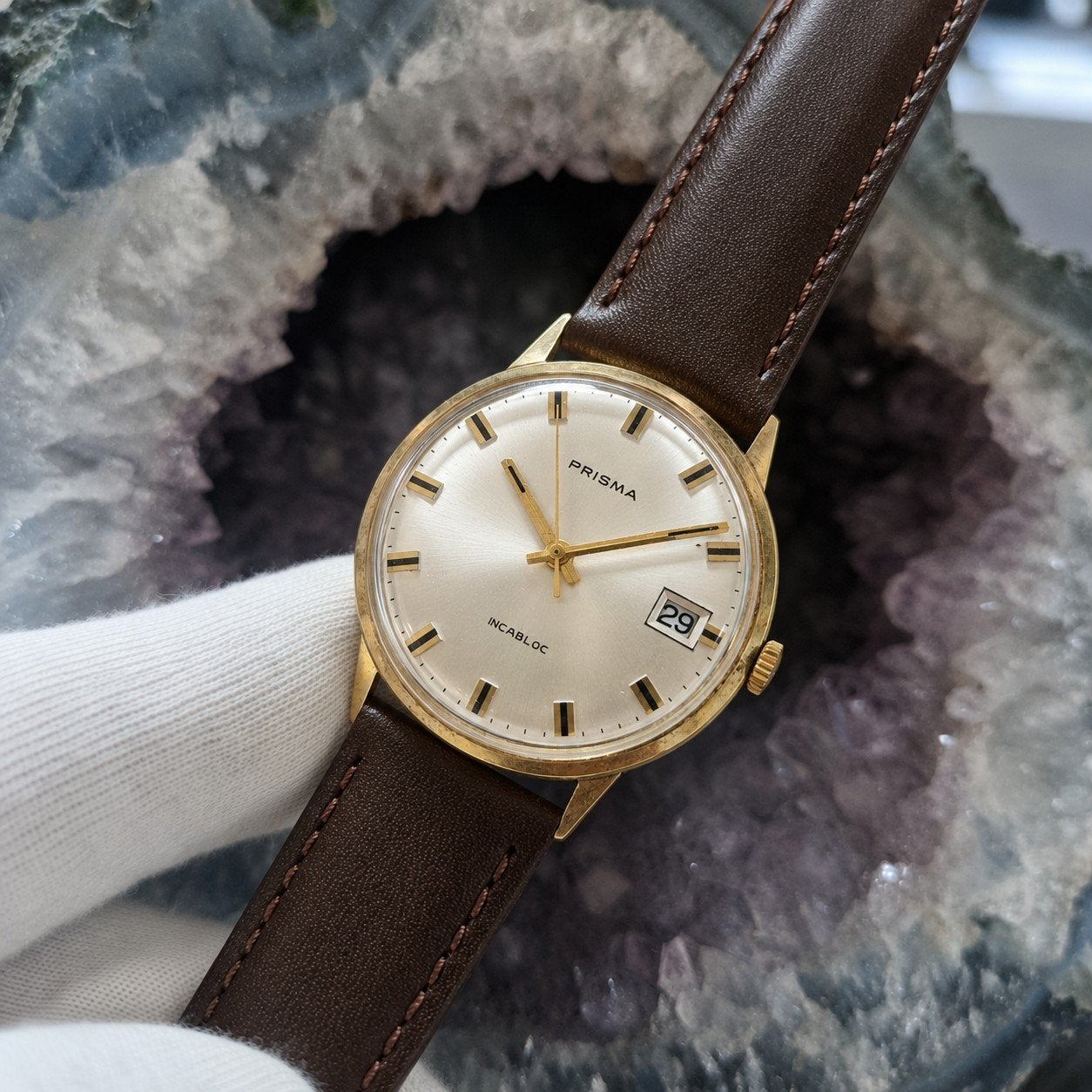 Prisma Vintage Manual Wind 17 Jewels 34mm | Date Solid 14K G, Sieraden, Tassen en Uiterlijk, Horloges | Antiek, Overige merken