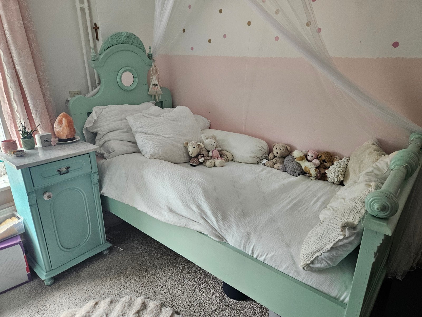 Brocante bed, kast en nachtkastje mintgroen, Huis en Inrichting, Ophalen, Eenpersoons, 190 cm of minder, Zo goed als nieuw