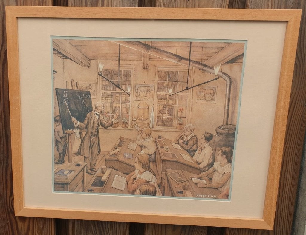 Anton Pieck - Schooltafereel - Grafiek in Lijst, Antiek en Kunst, Kunst | Schilderijen | Klassiek, Ophalen of Verzenden