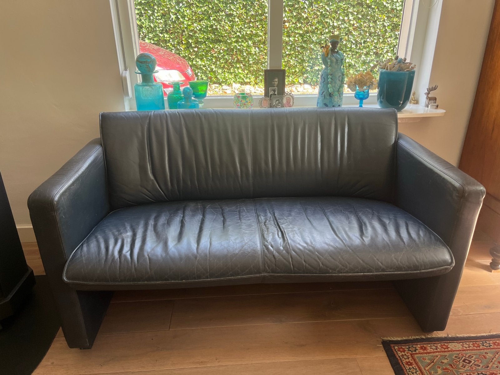 Leo Lux 2/3-zits bank van blauw leer, Ophalen, Gebruikt, Driepersoons, 200 tot 250 cm