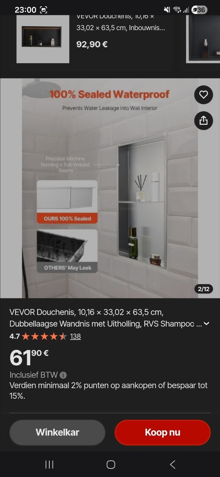 Nieuw!!! VEVOR Douchenis RVS, 33x63.5cm, Waterdicht Inbouwre, Ophalen, Nieuw, Zilver, Douche-accessoire