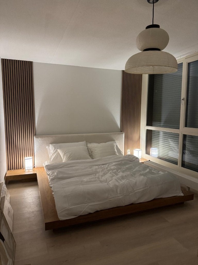 Bed met LED Boucle ZEN 180x200 cm Bruin Essen Hout, Ophalen, Bruin, Tweepersoons, Zo goed als nieuw