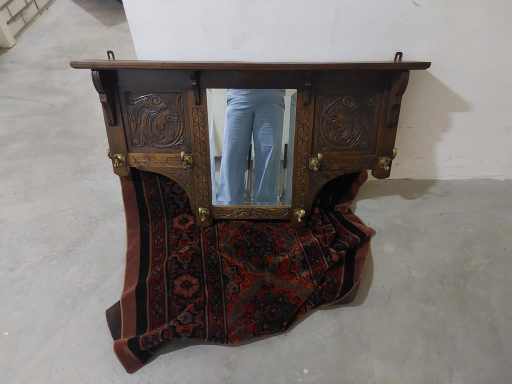 Antieke houten kapstok met spiegel en snijwerk, Ophalen, Rechthoekig