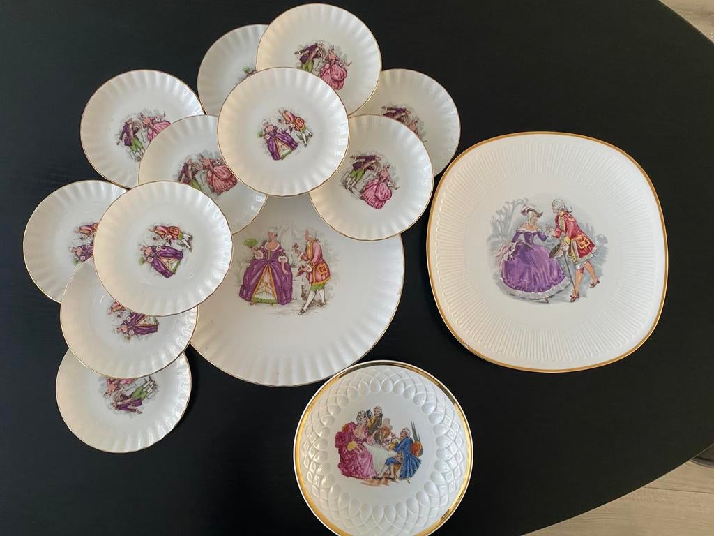 Vintage jaren ‘50 porseleinen gebaksbordenset, Ophalen of Verzenden