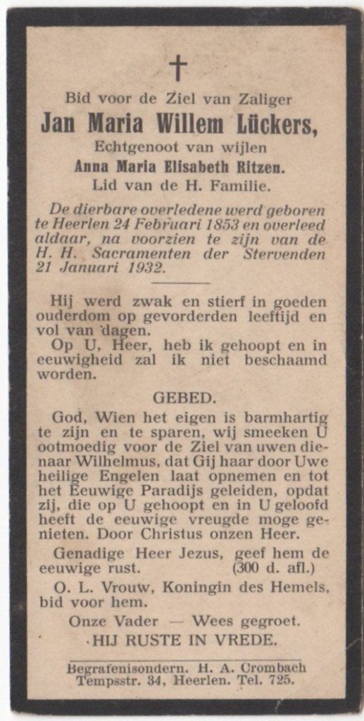 Jan Maria W. Lückers 1853 Heerlen + 1932 Heerlen, 78 jaar, Ophalen of Verzenden