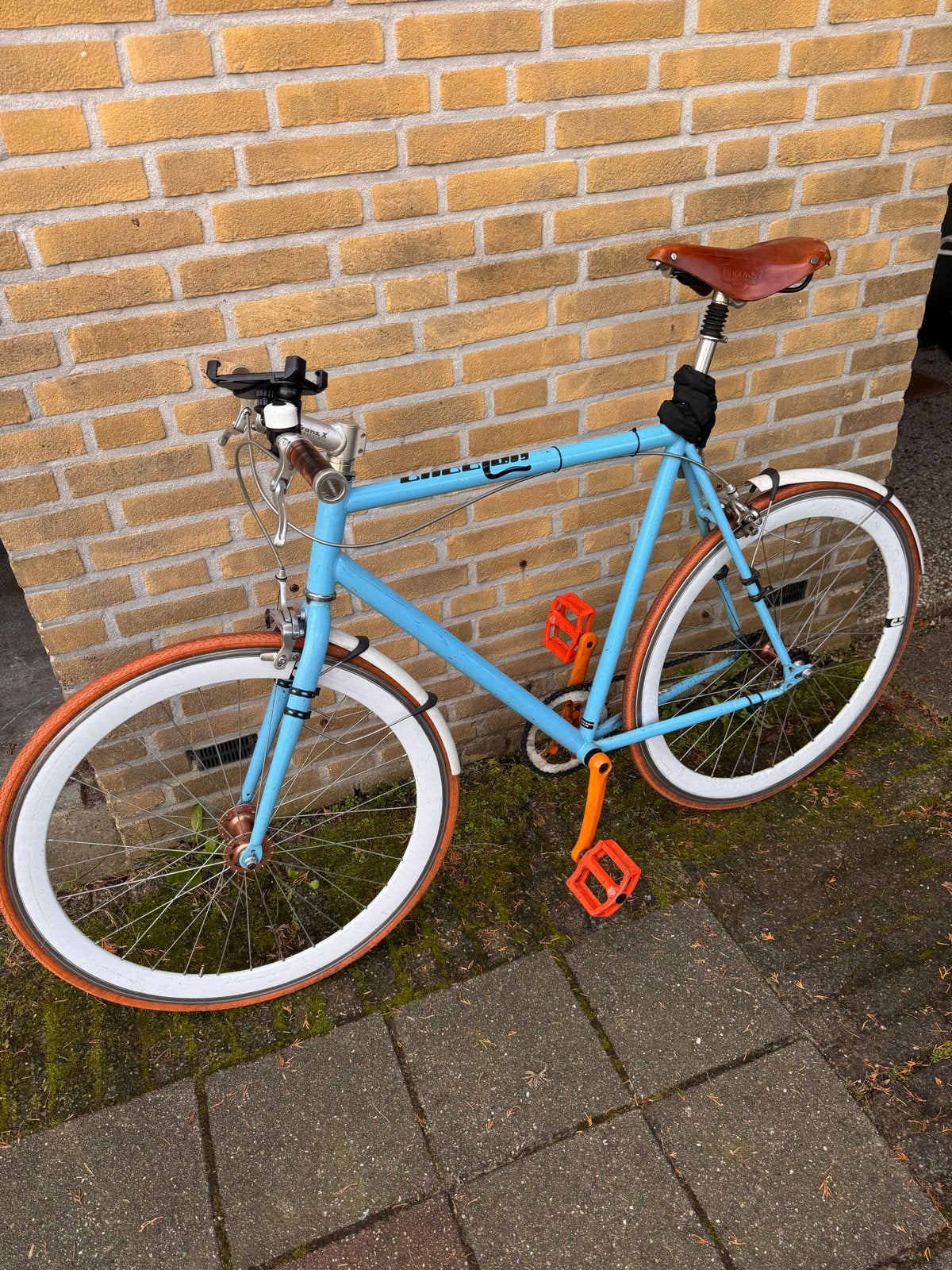 Lichtblauwe cheetah singlespeed fiets met Brooks zadel, Gebruikt, Velgrem, Versnellingen, 53 tot 57 cm