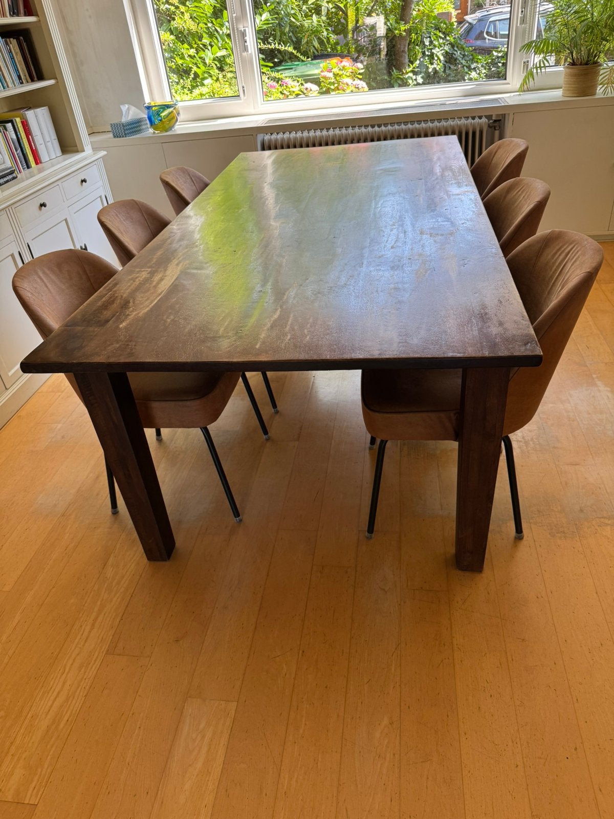 Grote massiefhouten eettafel van 220 x 110 cm, Huis en Inrichting, Tafels | Eettafels, Ophalen, Gebruikt, 100 tot 150 cm, Koloniaal