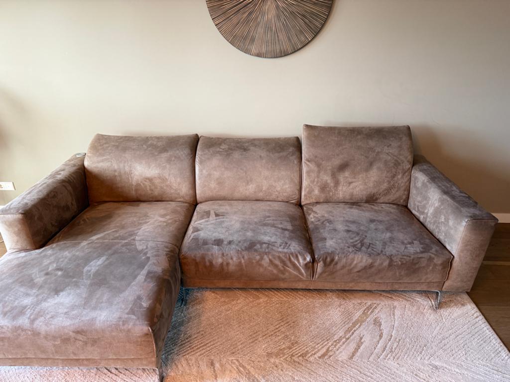 Montel hoekbank met chaise longue - Bruin (lever)stof, 250 tot 300 cm, Gebruikt, 100 tot 125 cm, Hoekbank