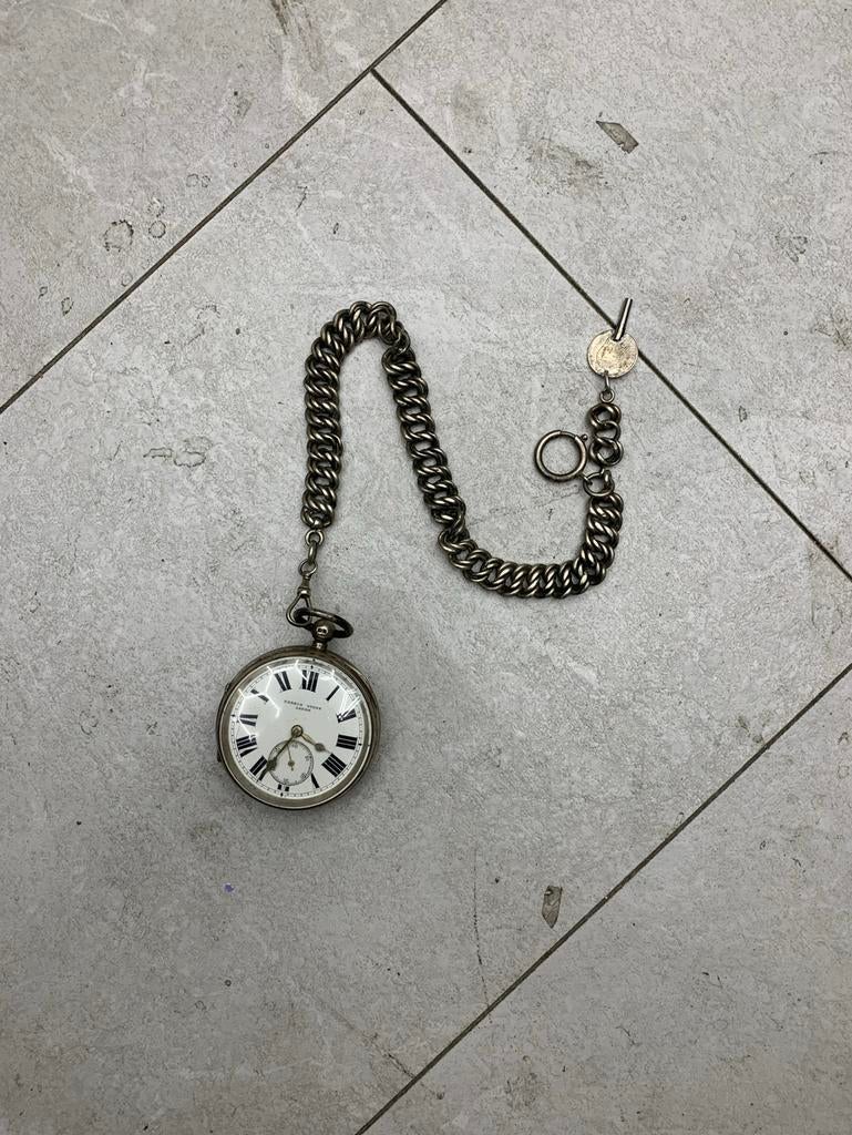 Antiek Zilveren Zakhorloge - Harris Stone Leeds, Overige merken, Zakhorloge, Ophalen of Verzenden, Met ketting